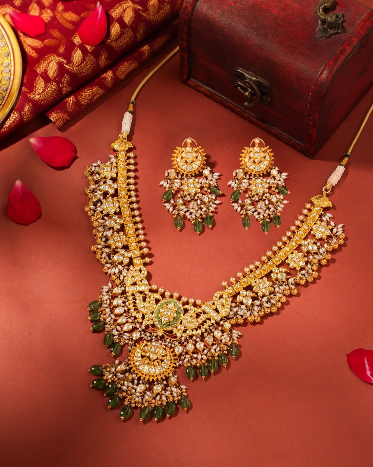 Antique Gold Bridal Necklace Set with Pearl & Green Bead Drops