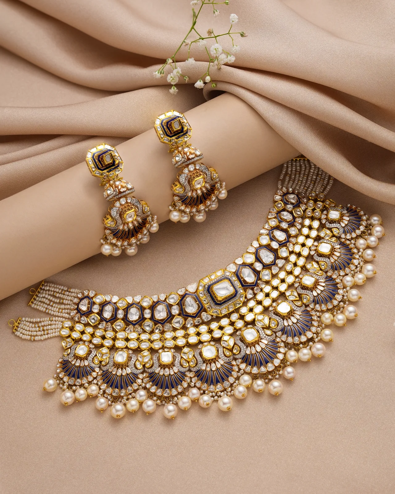 Lavender Polki Bridal Choker Necklace Set with Pearl Fringe