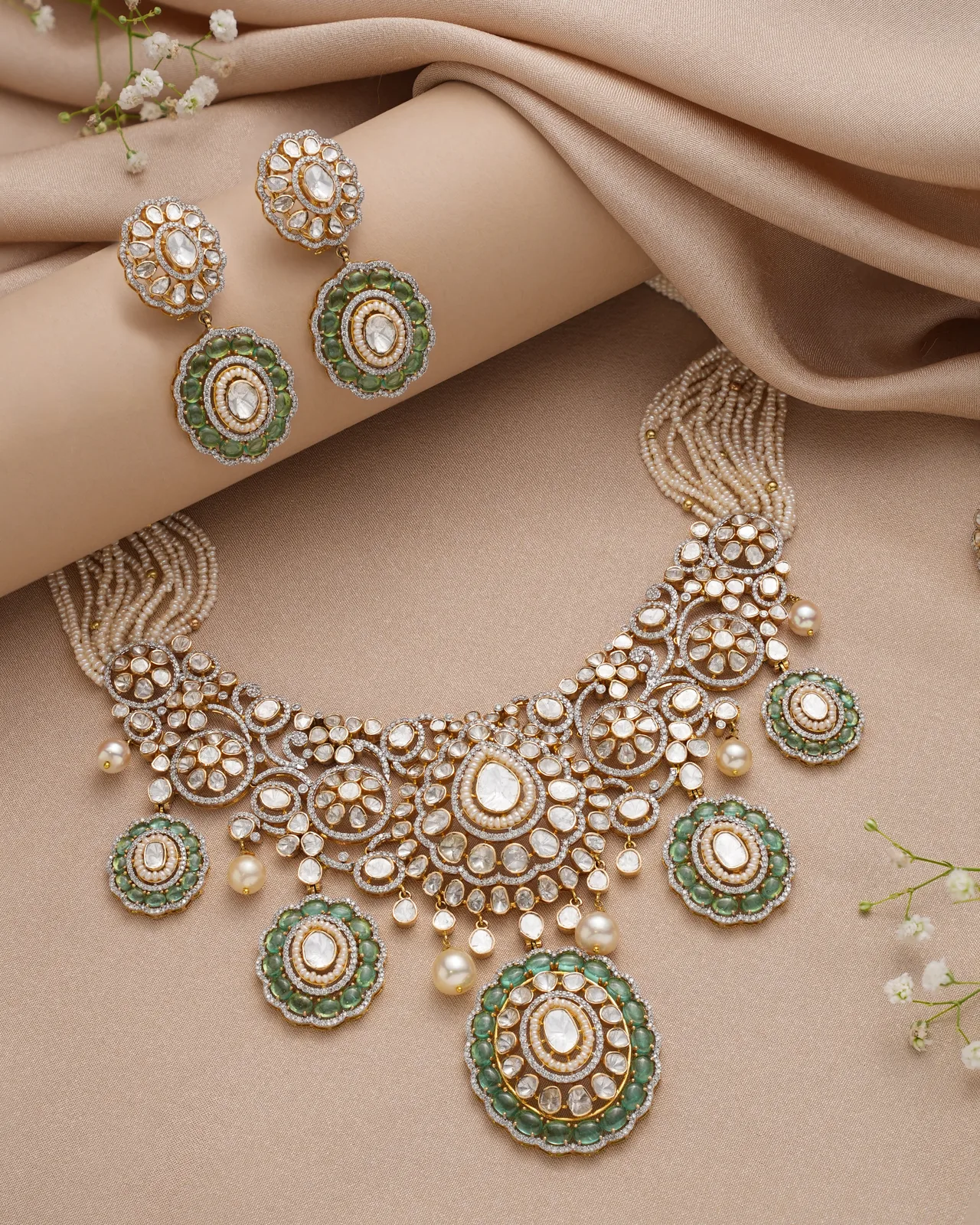 Statement Polki Bridal Necklace Set with Green Medallion Drops